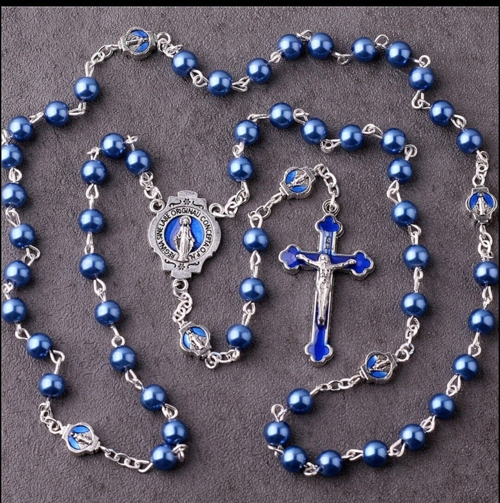 Catholic Blue Faux Pearl Glass Rosary Blue Enamel Crucifix Pater Bead Miraculous