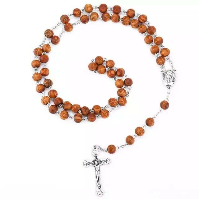Olive Wood Rosary Beads Catholic Necklace Medal Crucifix Jerusalem Cross Jesus