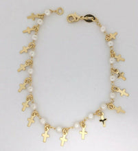 18 k Gold Filled ROSARY CROSS BRACELET HANGING CROSS 7” Simulated Pearl Beads