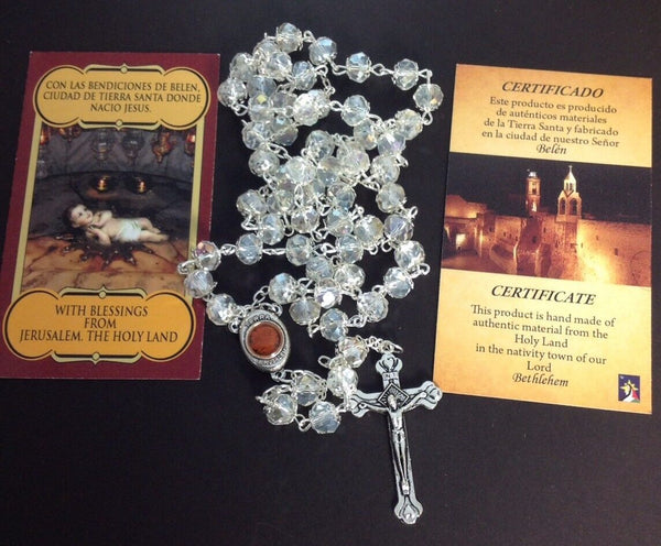 Crystal Clear Beads Rosary Catholic Necklace Holy Soil Medal with Crucifix