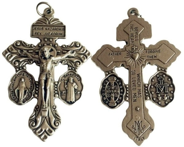 3-Way Pardon Crucifix with attached St Benedict & Miraculous Medals 2 1/4" &Cord