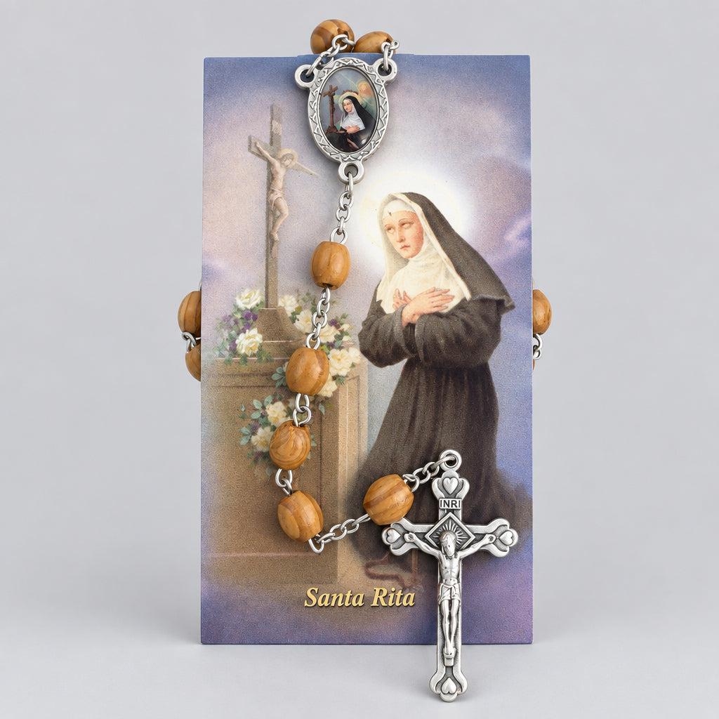 Catholic Rosary Necklace Olive Wood Saint Rita Jerusalem Prayer Santa Rita Casia