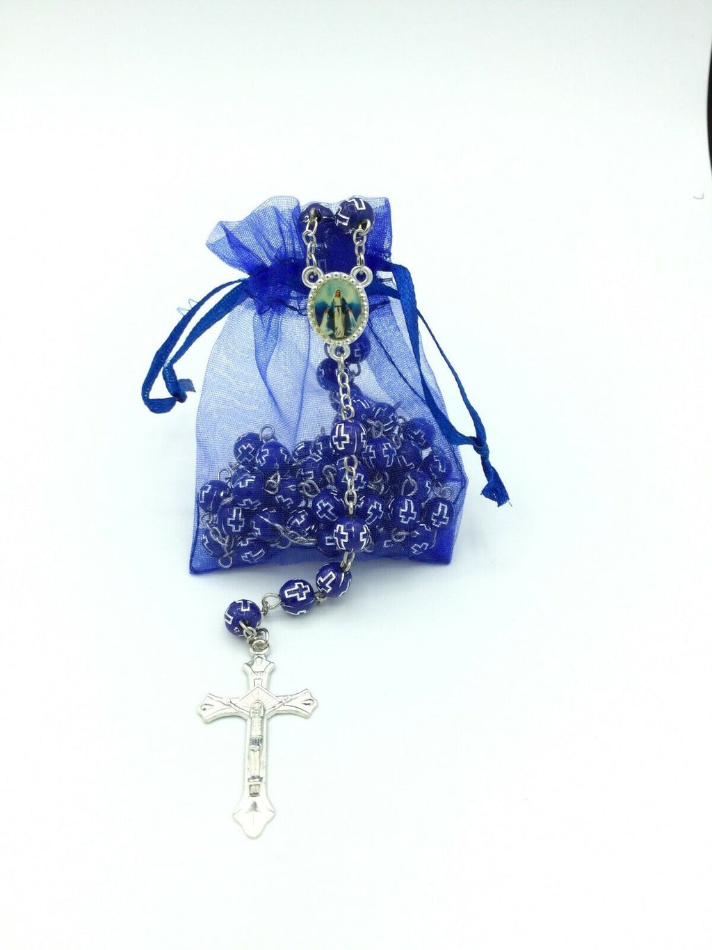 Catholic Rosary Necklace Blue Virgin Mary of Grace Virgen Milagrosa CROSS Jesus