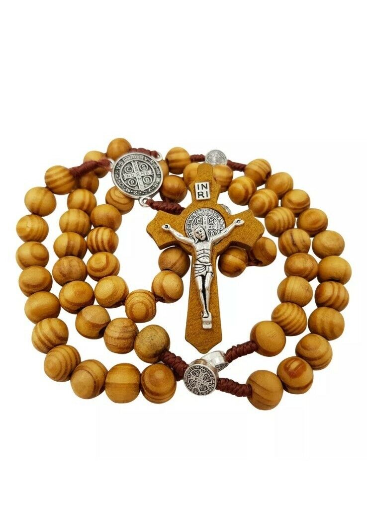 Saint St.Benedict Olive Wood Beads Rosary Necklace Medal /Cross Catholic Charm