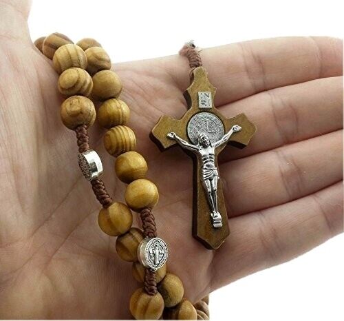 Saint St.Benedict Olive Wood Beads Rosary Necklace Medal /Cross Catholic Charm
