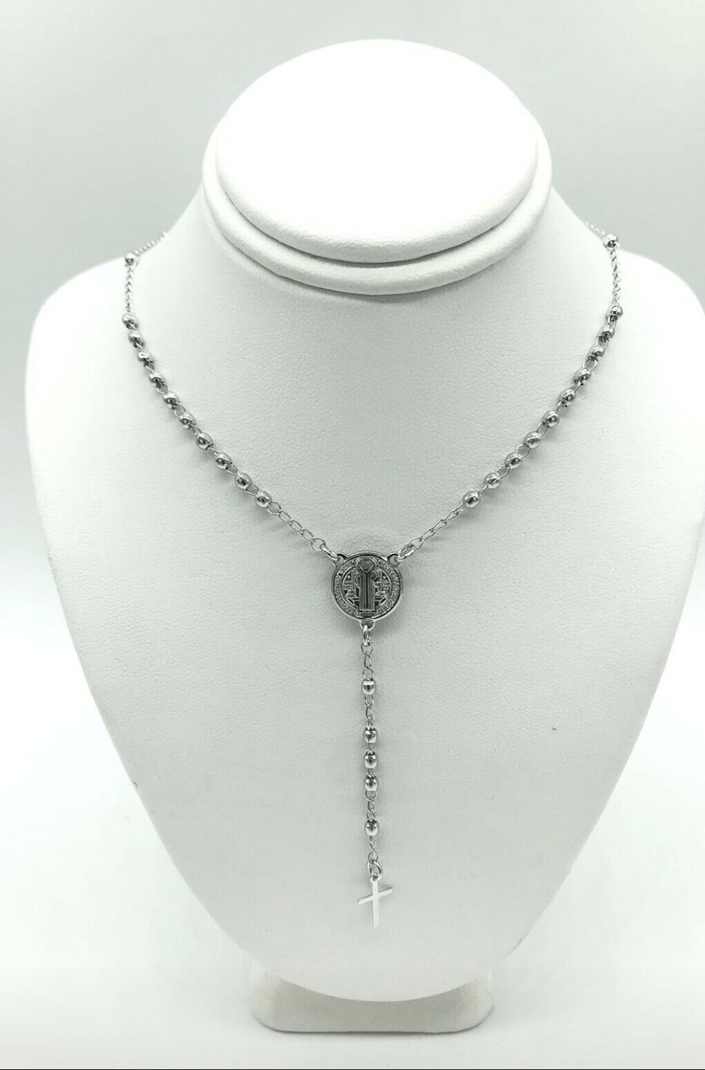 18" Rohdium Plated Saint Benedict Medal San Benito Excorsismo Rosary Necklace 