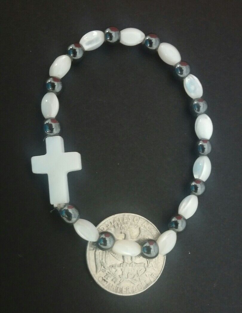 Mother of pearl bracelet made in Jerusalem cross Jesus pulsera de Nácar Stretch