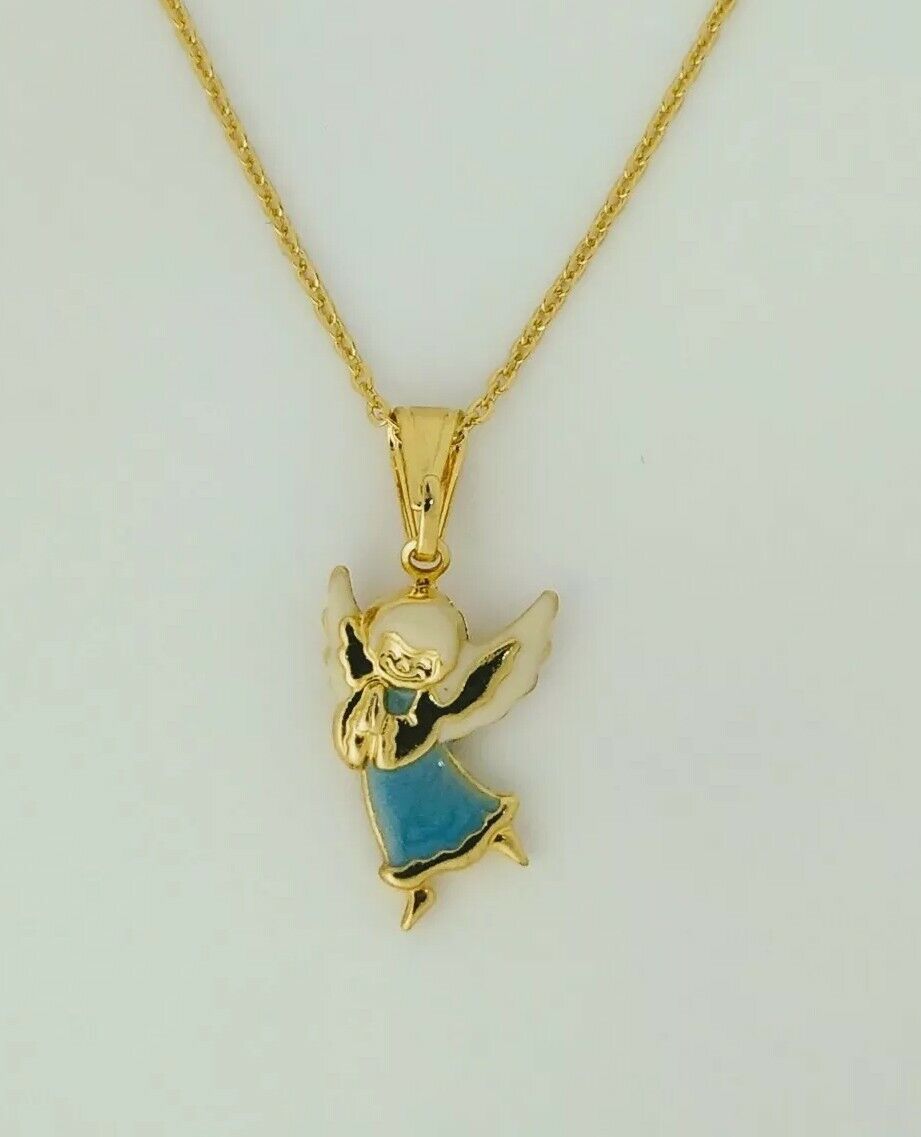 14K Gold Plated Praying Angel Pendant Charm Necklace Baby Kids Blue 16” Chain