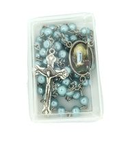 Catholic Blue Pearl Beads Rosary Necklace Our Lady of Lourdes Medal Cross Jesus 