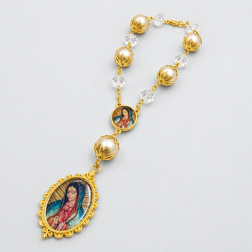 Virgen De La Guadalupe Medalla Rosary Medal 10 mm Beads Stimulated Pearl Mexico