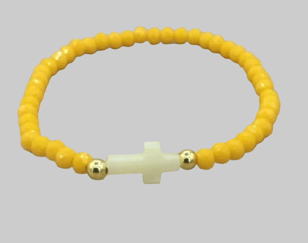 Yellow crystal, Mother of Pearl Cross stretch Women's bracelet Cruz de Nácar