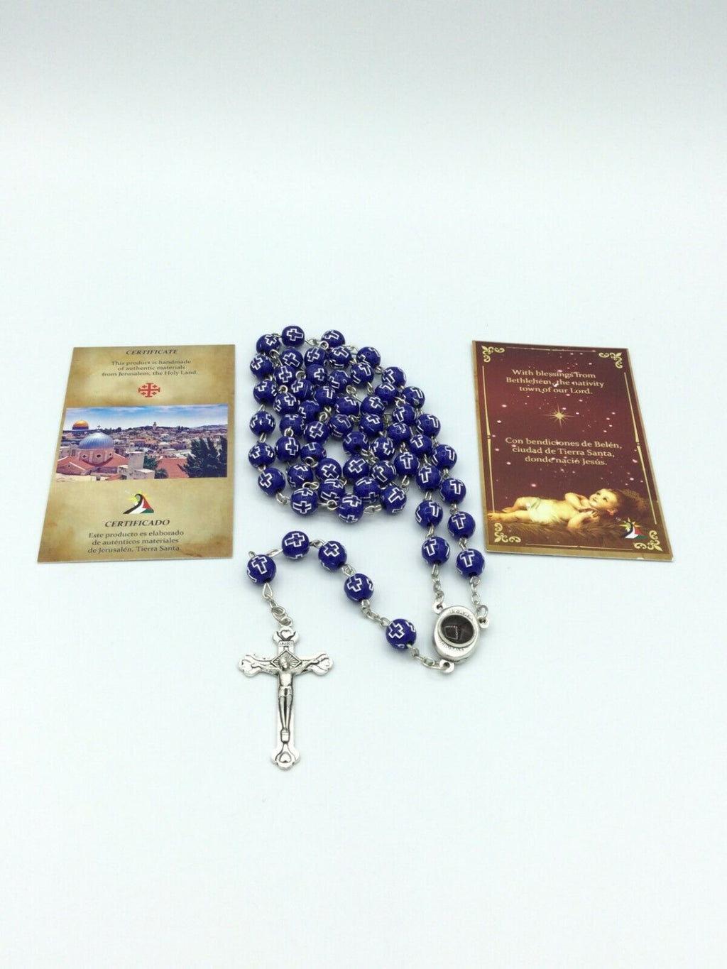 Catholic Blue Rosary Beads Decorated Crucifixion  Holy Soil from Jerusalem Cruz