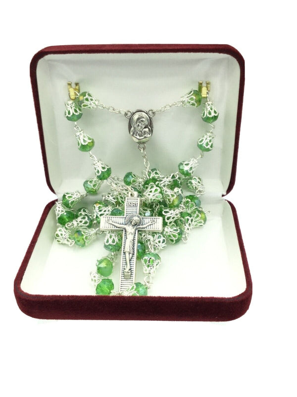 Green Crystals Rosary Beads Necklace Jerusalem Soil Centerpiece & Catholic Cross