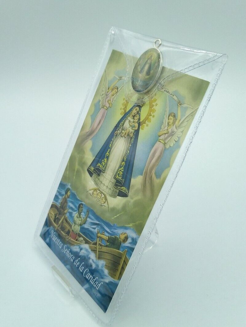 3X Caridad del Cobre spanish Prayer cards with Vinyl Folder Removable Medal 3X5"