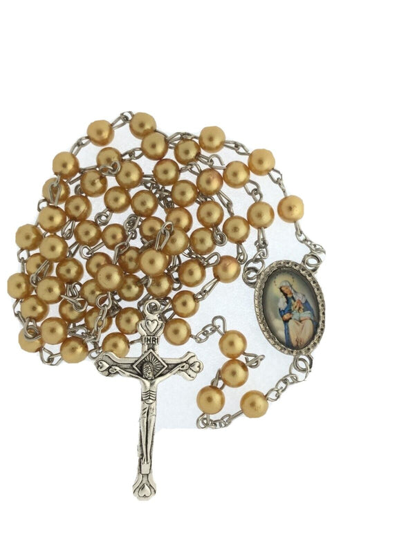 Divine Providence Faux gold tone Pearl Rosary Necklace Catholic PUERTO RICO 