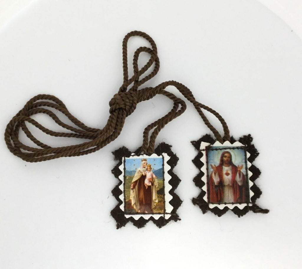 2 X Sacred Heart Of Jesus & Our Lady Of Mount Carmel Brown Scapular Escapularo