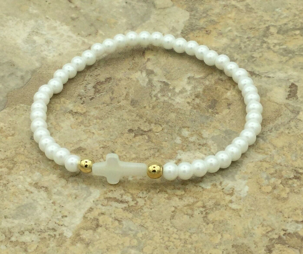 Simulated white Pearl Sideways Religious Christian Cross Stretch Bracelet Cruz