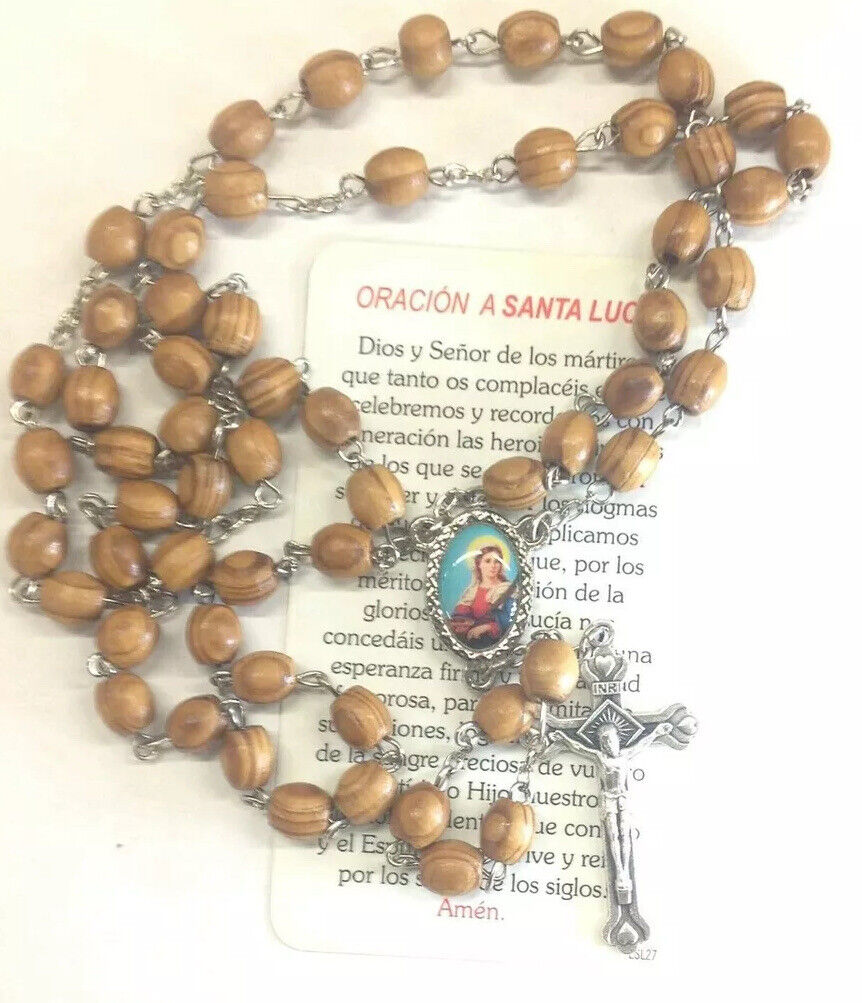 Catholic Rosary Necklace Olive Wood St.Lucy Jerusalem Santa Lucia Rosario