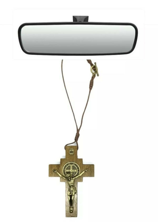 Catholic Religious St Benedict Wooden Crucifix Cross Car Mirror  Cruz St Benito 