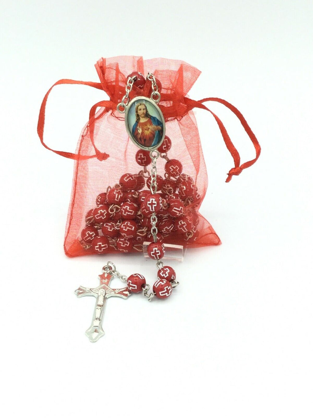  Catholic Rosary Necklace Red Sacred Heart of Jesus sagrado corazón de Jesús   