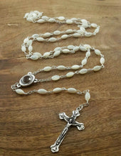 Shell ROSARY Necklace Mother of Pearl Beads Jerusalem Holy Soil Medal & CROSS 