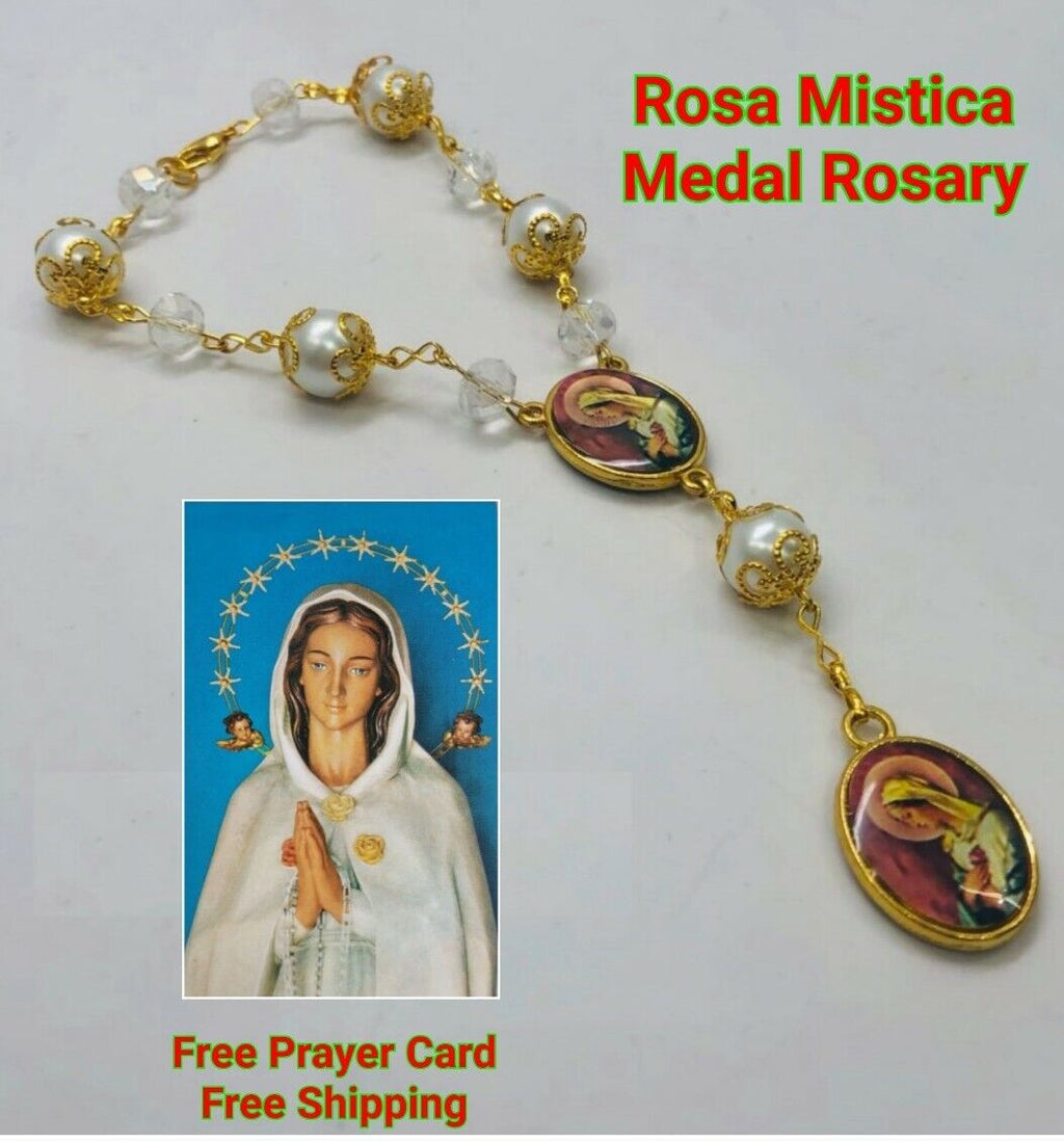 Rosa Mística Catholic Medal Hanging Pearl Traveler's One Decade Auto Rosary 7" 