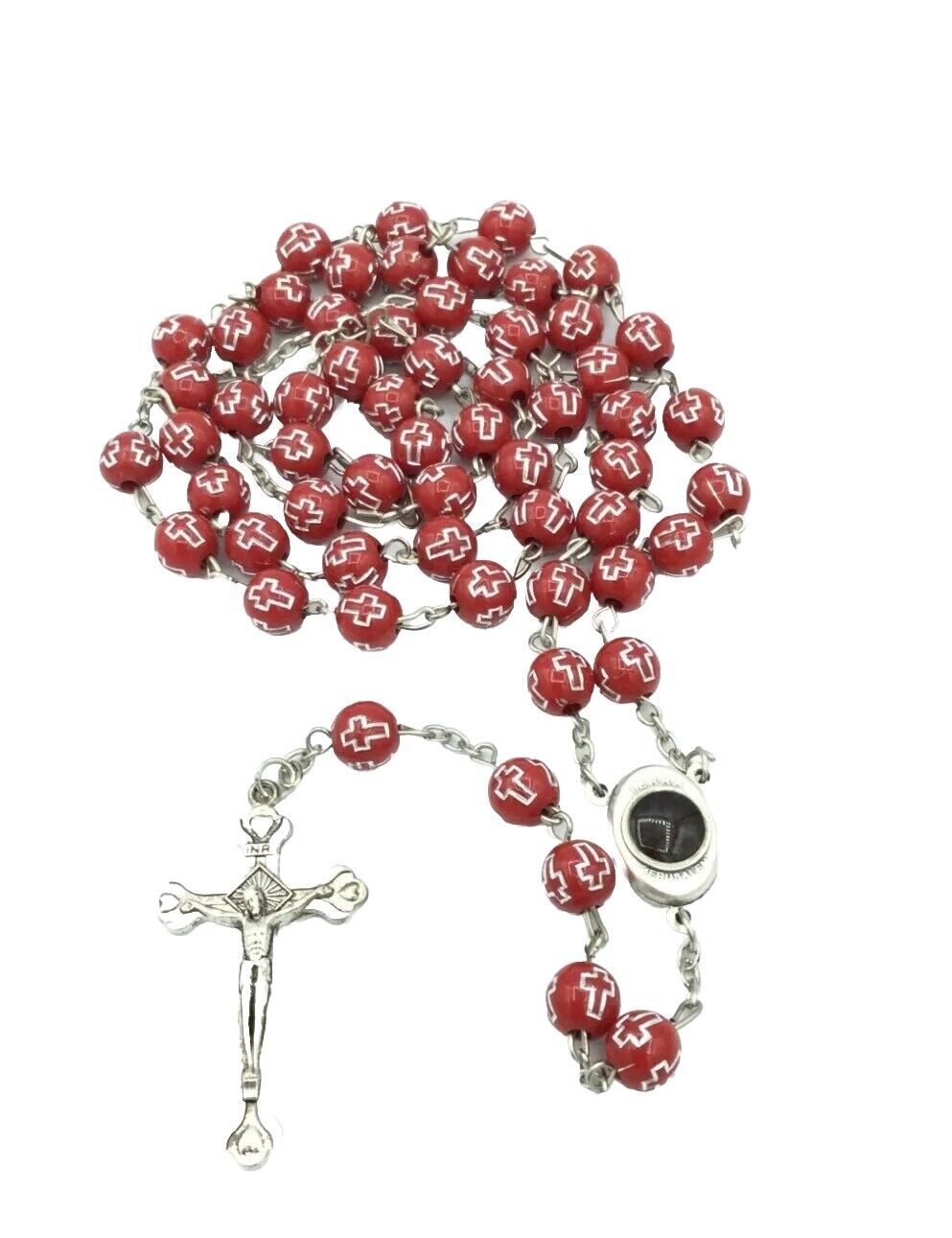 Catholic Red Rosary Beads Decorated Crucifixion  Holy Soil from Jerusalem Cruz
