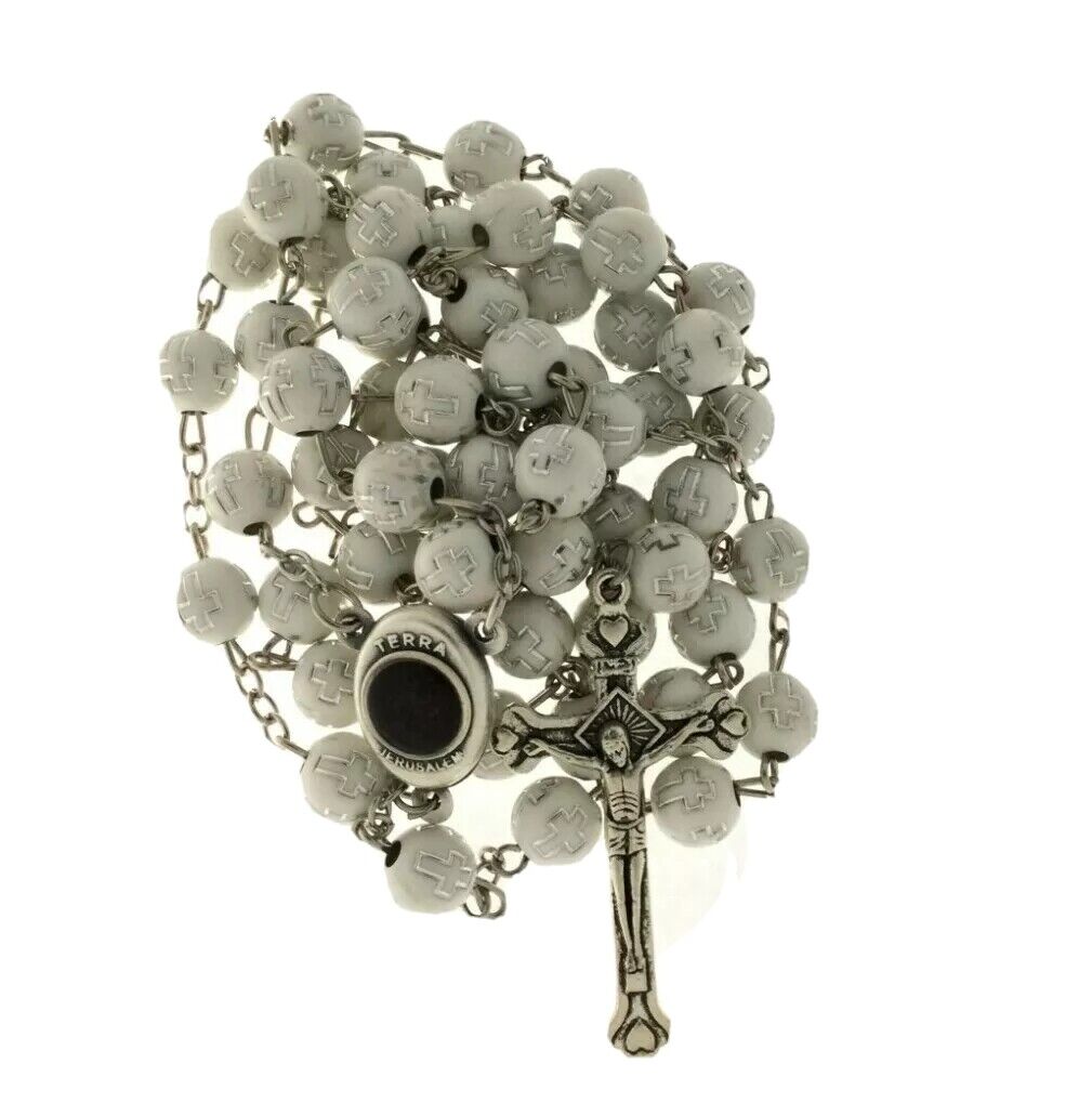 Catholic White Rosary Beads Decorated Crucifixion  Holy Soil from Jerusalem Cruz