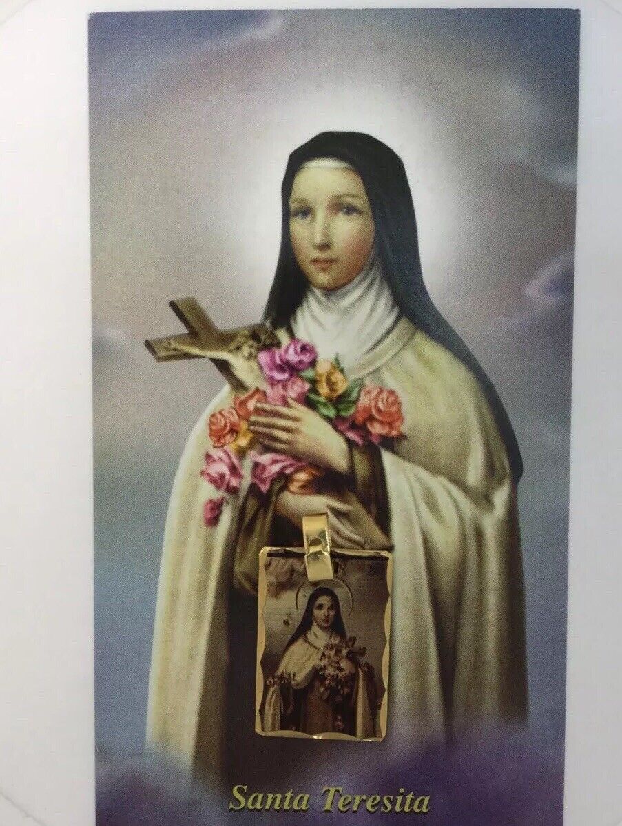 St Theresa Pendant 14k Gold Plated Medal with 20 Inch Chain, Santa Teresa Flow