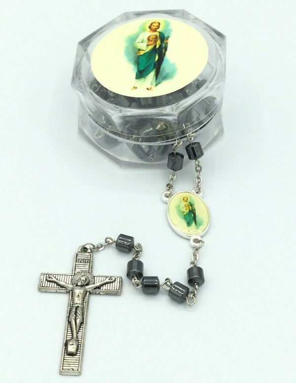 Saint Jude Rosary Hematite San Judas Necklace with Case Cross Jesus Catholic 22"