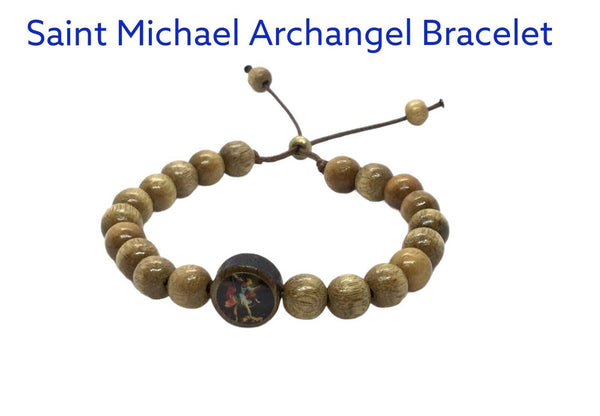 Saint St Michael Archangel  Medal Bracelet Brown Wood Cord Protection San Miguel