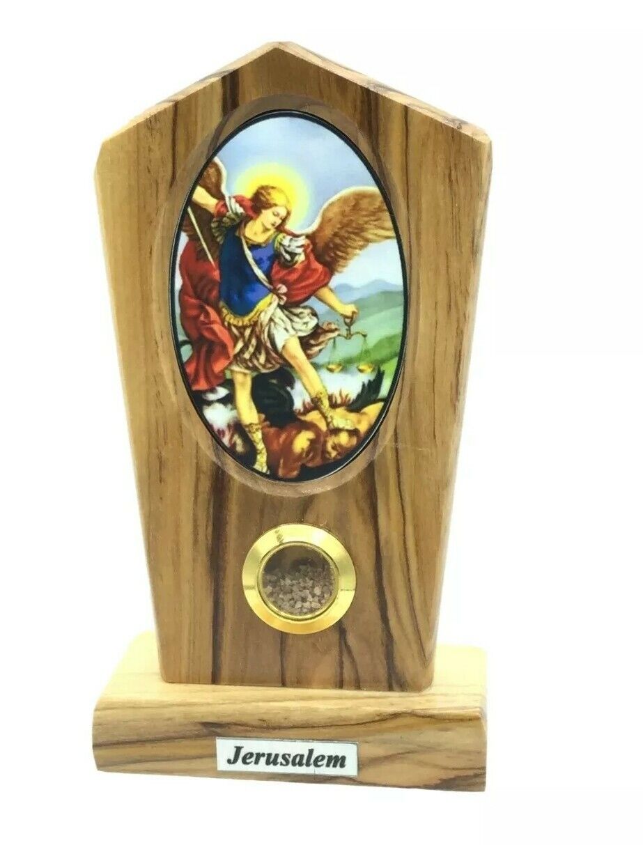 Saint Michael Desk Stand Jerusalem Soil Olive Wood San Miguel arcángel 3" Inches