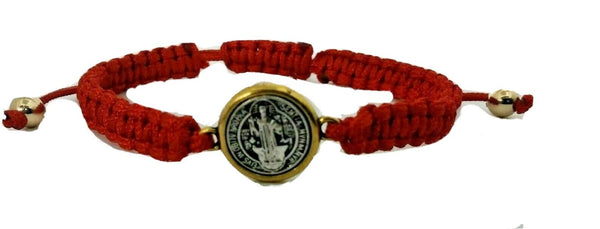 Red Saint St Benedict Bracelet 8" Adjustable Cord Two Tone Medals Holy Card