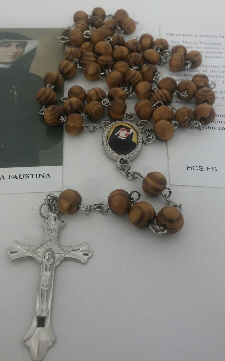 Santa Maria Faustina Rosario de madera con Oracion Saint Mary Faustine Rosary 