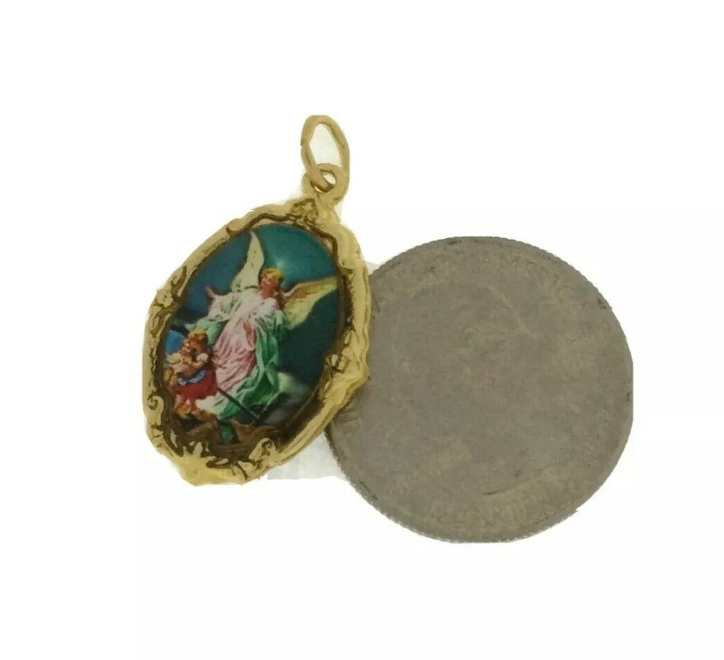 Guardian Angel Medal Gold-Tone Catholic Angel de la Guarda Prayer 