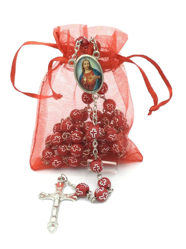 Catholic Rosary Necklace Red Sacred Heart of Jesus sagrado corazón de Jesús   
