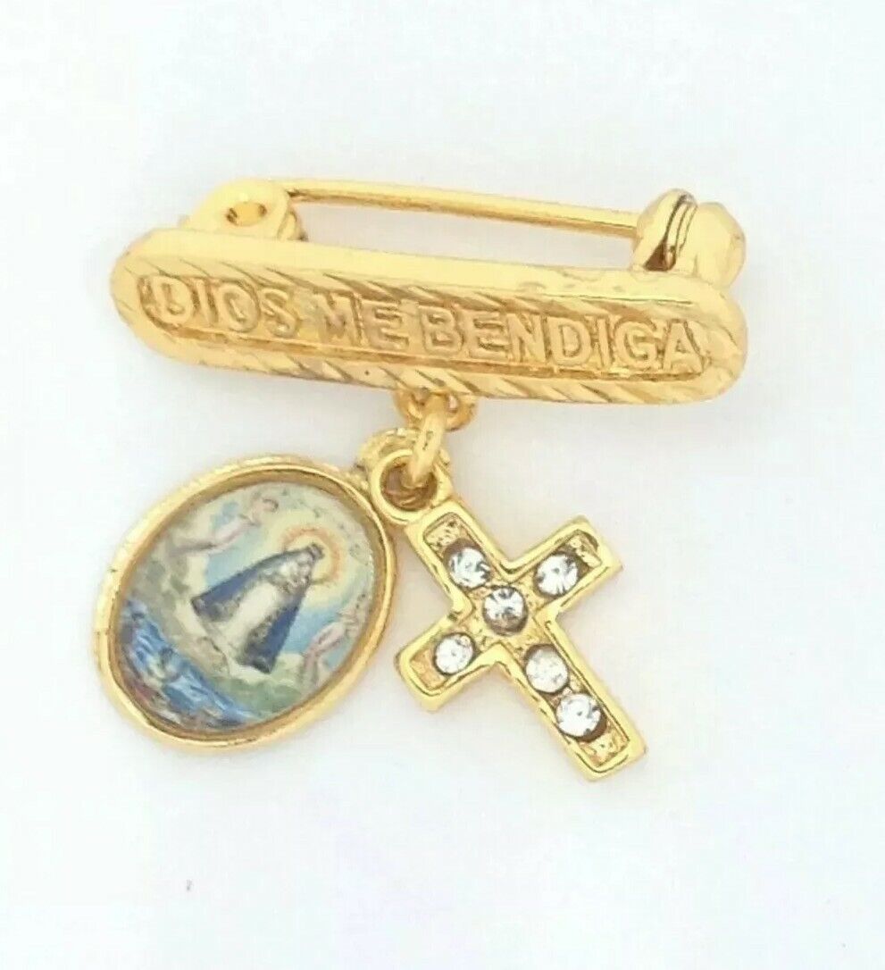14k Gold Plated Caridad Del Cobre Newborn Baby Pin Dios Me Bendiga Luis Beltrán