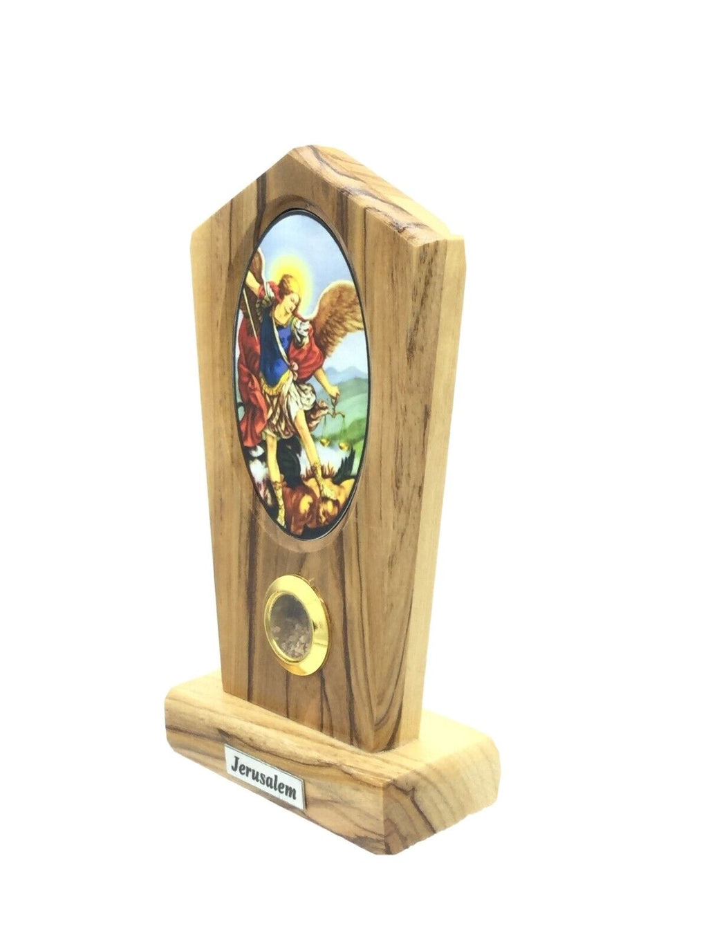 Saint Michael Desk Stand Jerusalem Soil Olive Wood San Miguel arcángel 3" Inches