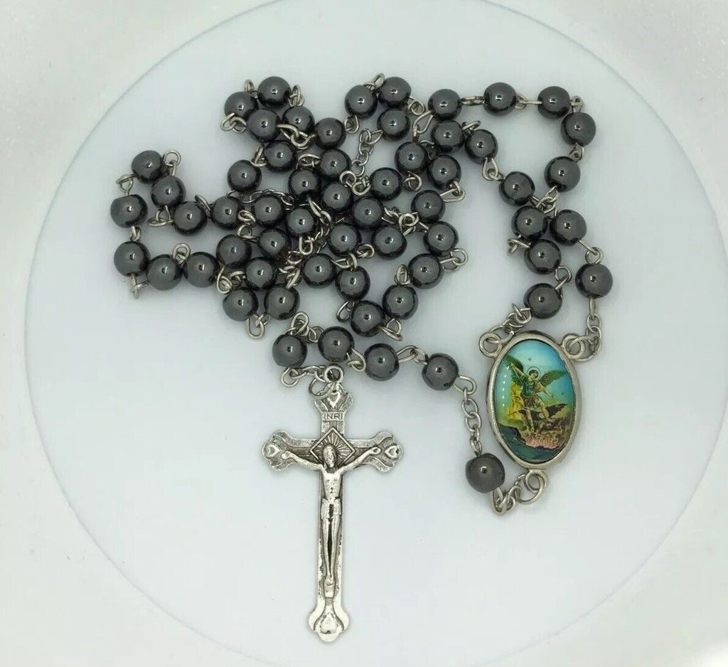 st.Saint Michael Archangel Rosary Hematite San Miguel arcángel Necklace Jesus