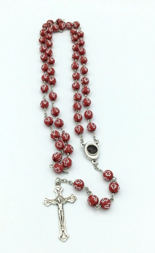 Catholic Red Rosary Beads Decorated Crucifixion  Holy Soil from Jerusalem Cruz