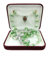 Green Crystals Rosary Beads Necklace Jerusalem Soil Centerpiece & Catholic Cross