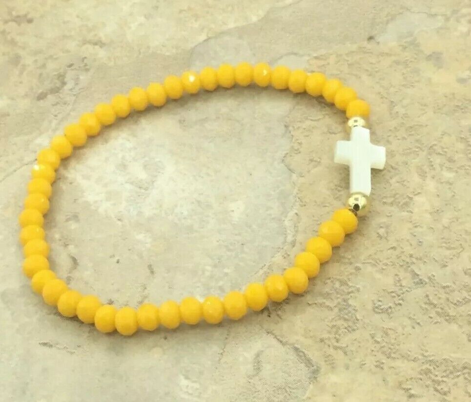 Yellow crystal, Mother of Pearl Cross stretch Women's bracelet Cruz de Nácar