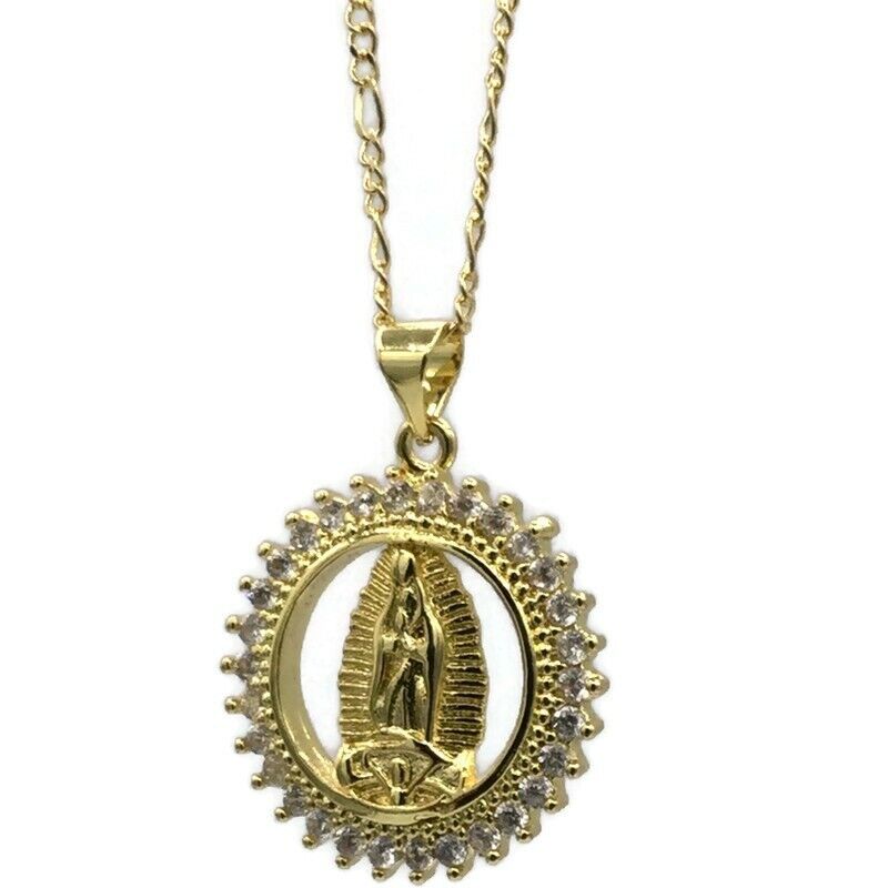 Virgin Mary Virgen de Guadalupe Necklace Gold Crystal  Catholic Jewelry Women 