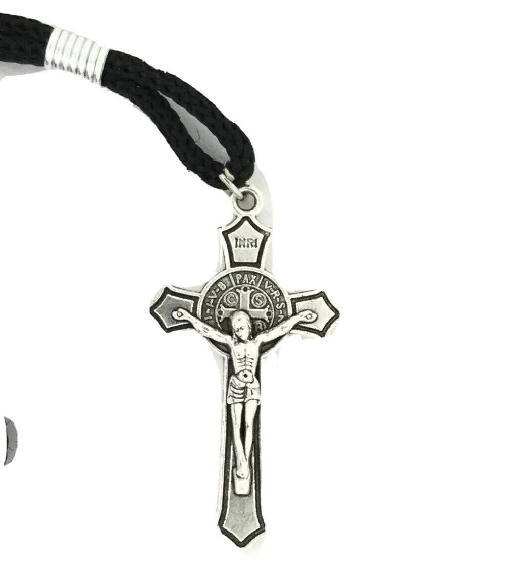 Saint St Benedict Medal Crucifix Cross Silver Plated Pendant Necklace 17" Cord