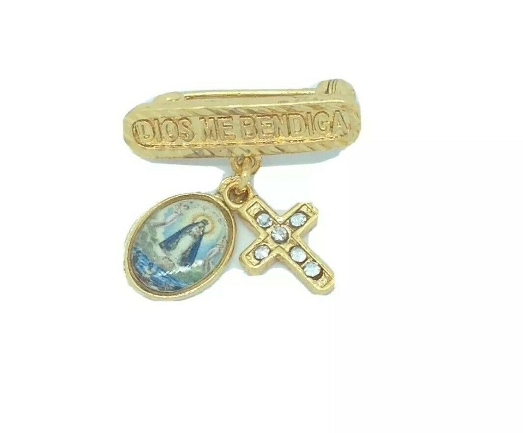 14k Gold Plated Caridad Del Cobre Newborn Baby Pin Dios Me Bendiga Luis Beltrán