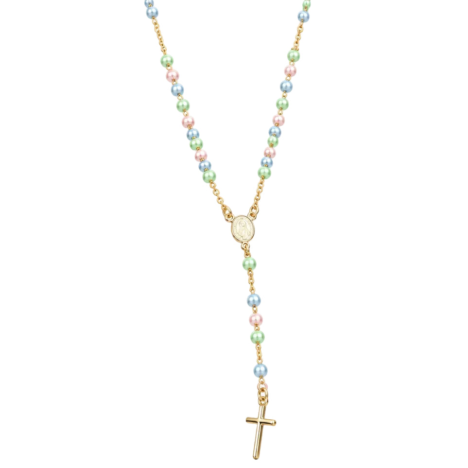 18K GOLD FILLED CATHOLIC GOLD MULTI COLOR BEAD ROSARY WITH CRUCIFIX AND...