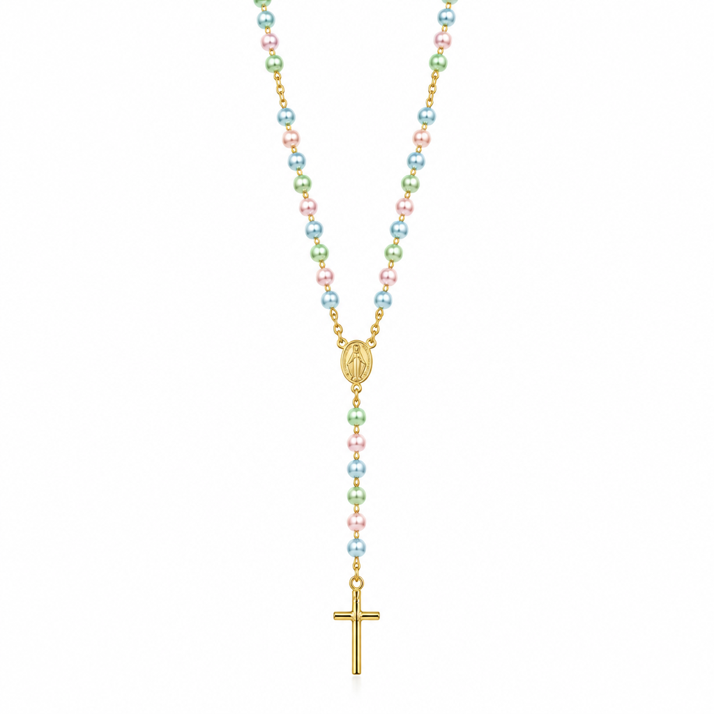 18K Gold-Filled Beaded Rosary Necklace with Cross & Virgin Mary Charm