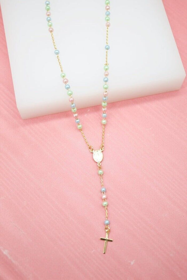 18K GOLD FILLED CATHOLIC GOLD MULTI COLOR BEAD ROSARY WITH CRUCIFIX AND...