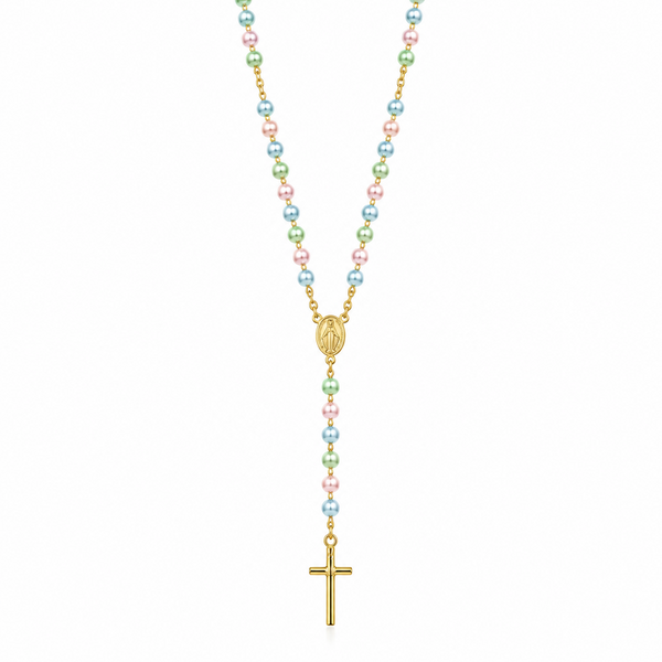 18K Gold-Filled Beaded Rosary Necklace with Cross & Virgin Mary Charm