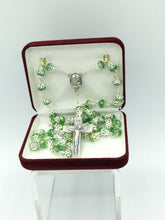 Green Crystals Rosary Beads Necklace Jerusalem Soil Centerpiece & Catholic Cross